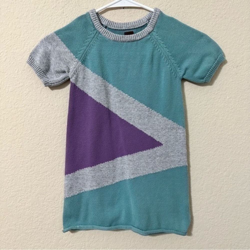 Tea Collection Glacier Sweater Dress Short Sleeve Aqua Purple Gray Knit